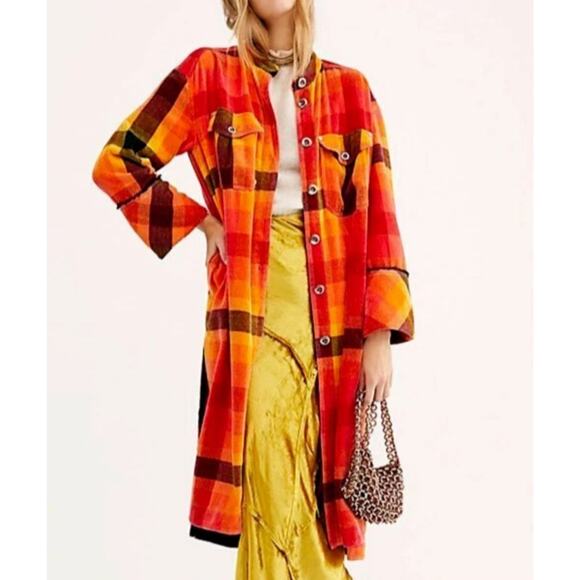 Free People Size XS Ashima Chenille Plaid Duster Maxi Jacket Orange Fall Boho - Picture 2 of 13